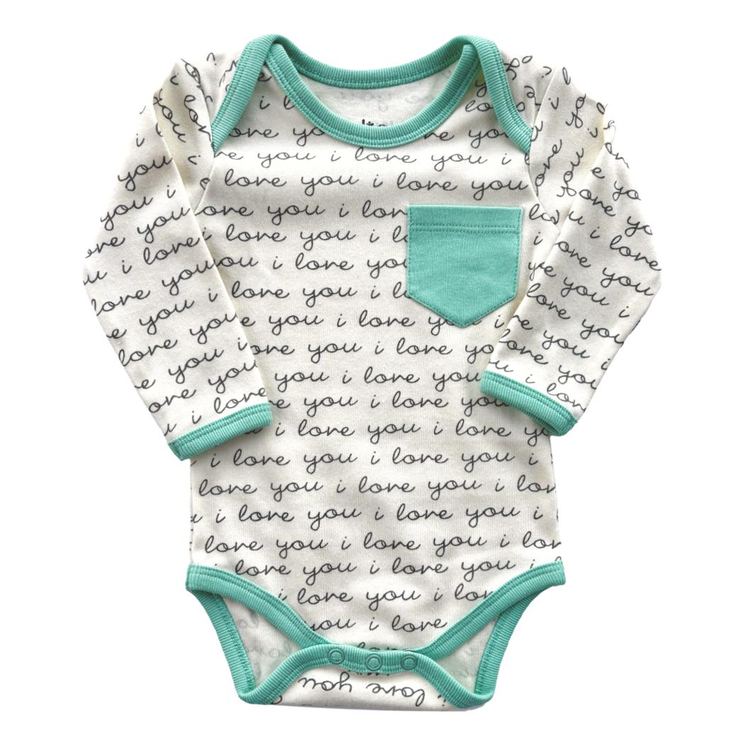 GOTS Certified Organic Cotton Long Sleeve Bodysuit - I Love You (Mint)