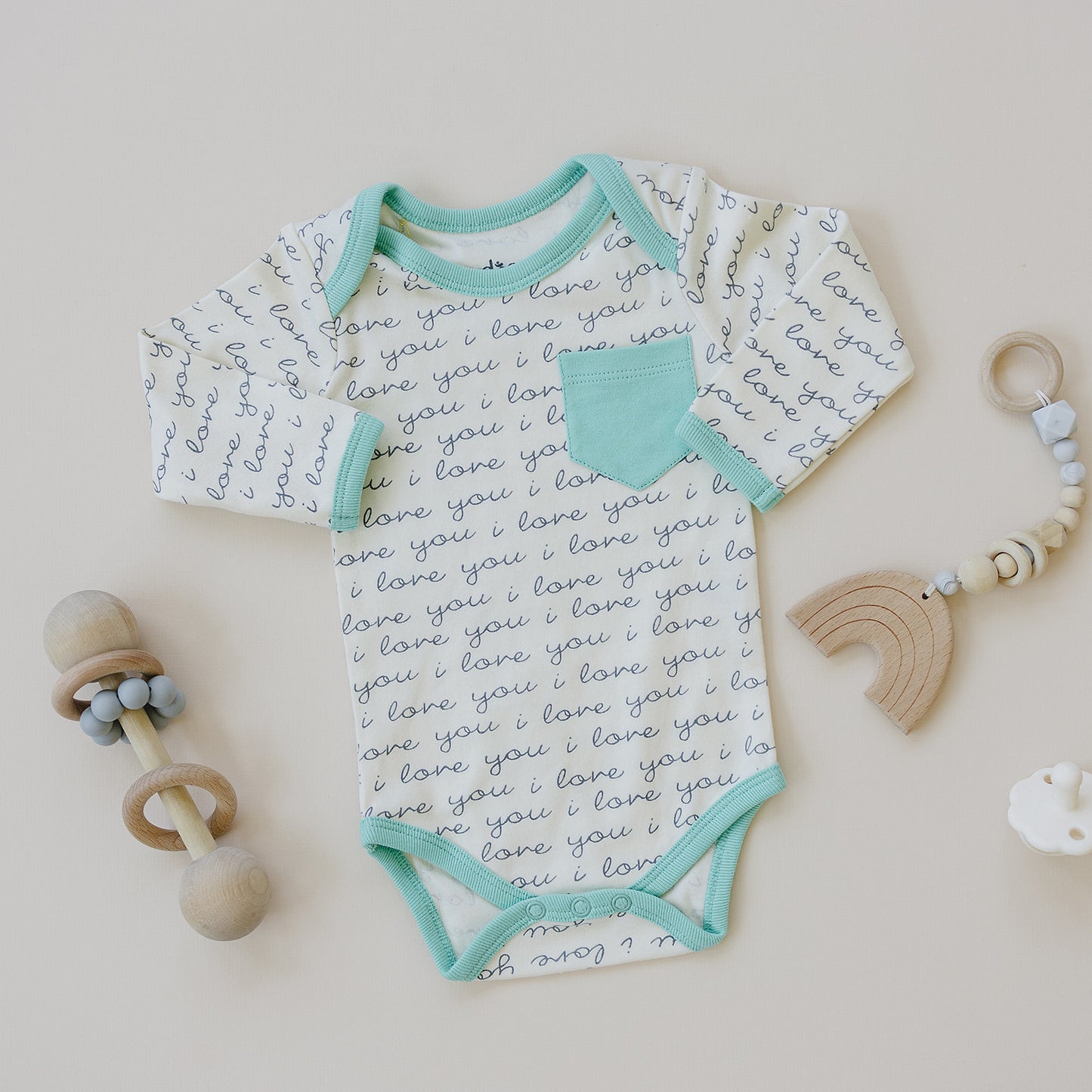 GOTS Certified Organic Cotton Long Sleeve Bodysuit - I Love You (Mint)