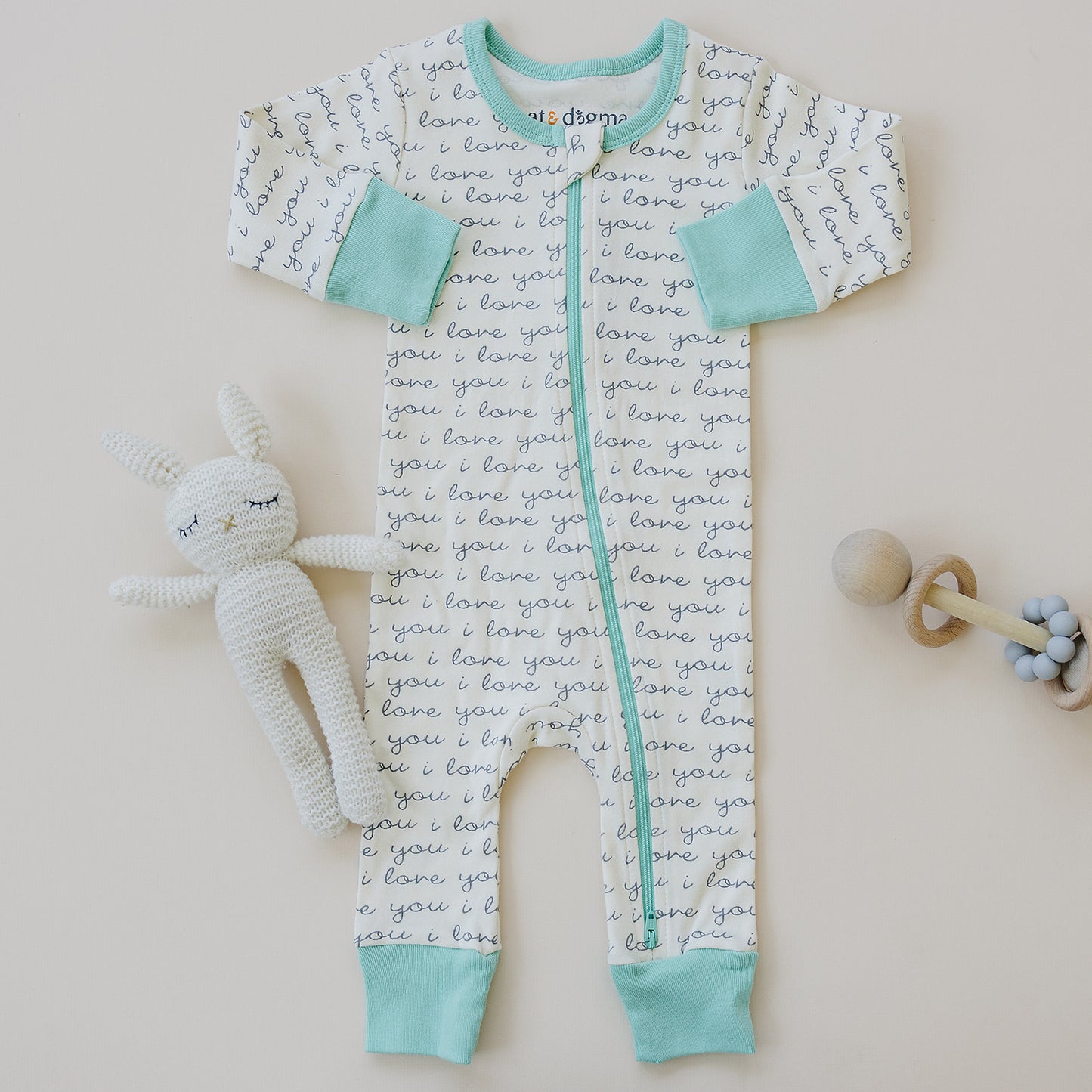 GOTS Certified Organic Cotton Zippy - I Love You (Mint)