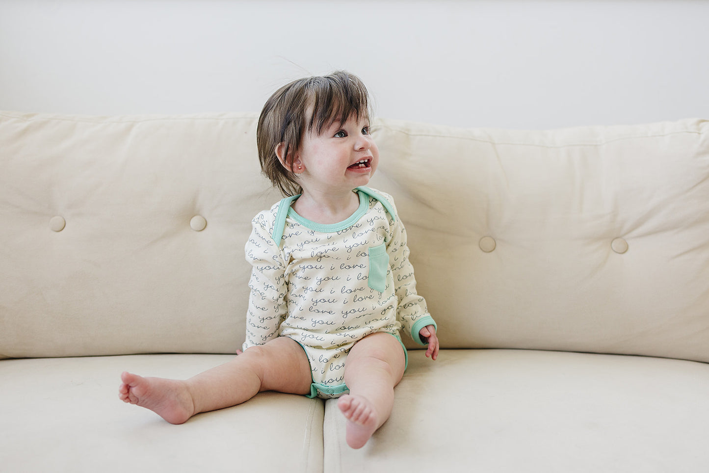 GOTS Certified Organic Cotton Long Sleeve Bodysuit - I Love You (Mint)