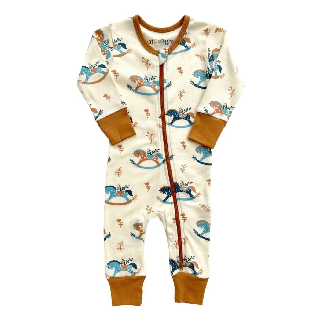GOTS Certified Organic Cotton Zip Romper Rocking Horse