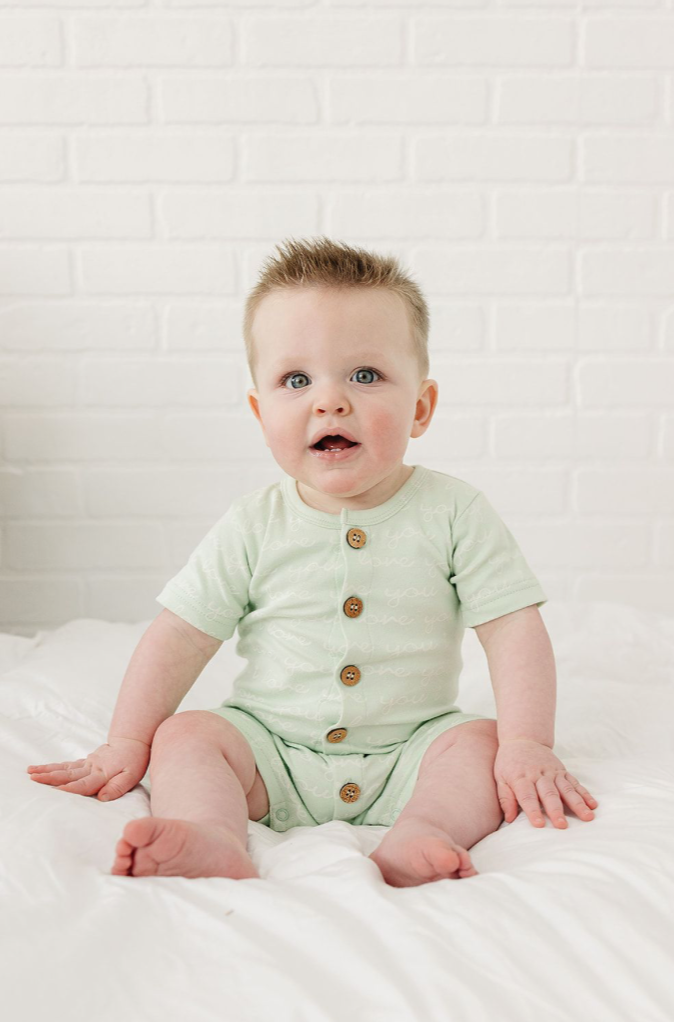 Organic Cotton Short Sleeve Romper - I Love You (Desert Green)